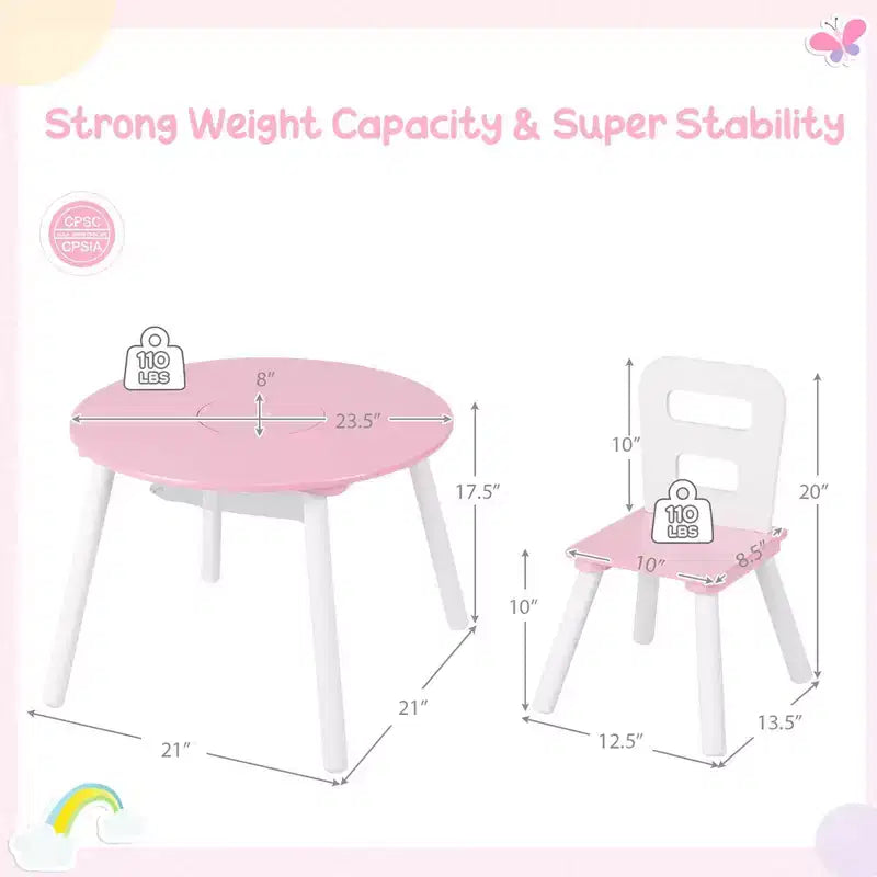 Costway Table Ronde en Bois pour Enfants et 2 Chaises avec Rangement Central en Filet Blanc/Bleu/Bleu Foncé/Rose/Violet
