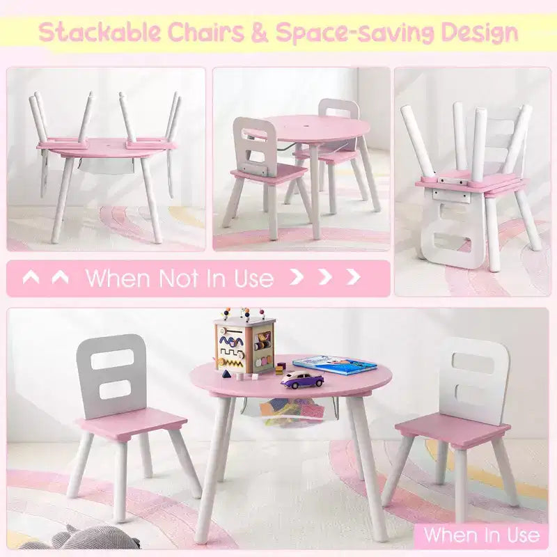Costway Table Ronde en Bois pour Enfants et 2 Chaises avec Rangement Central en Filet Blanc/Bleu/Bleu Foncé/Rose/Violet