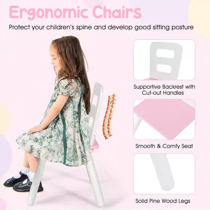 Costway Table Ronde en Bois pour Enfants et 2 Chaises avec Rangement Central en Filet Blanc/Bleu/Bleu Foncé/Rose/Violet