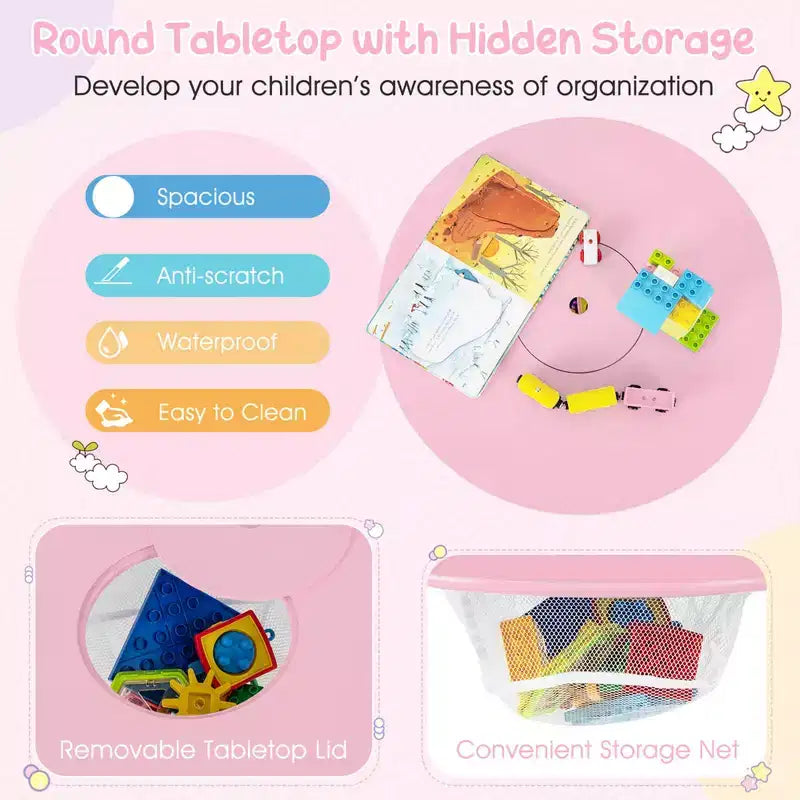 Costway Table Ronde en Bois pour Enfants et 2 Chaises avec Rangement Central en Filet Blanc/Bleu/Bleu Foncé/Rose/Violet