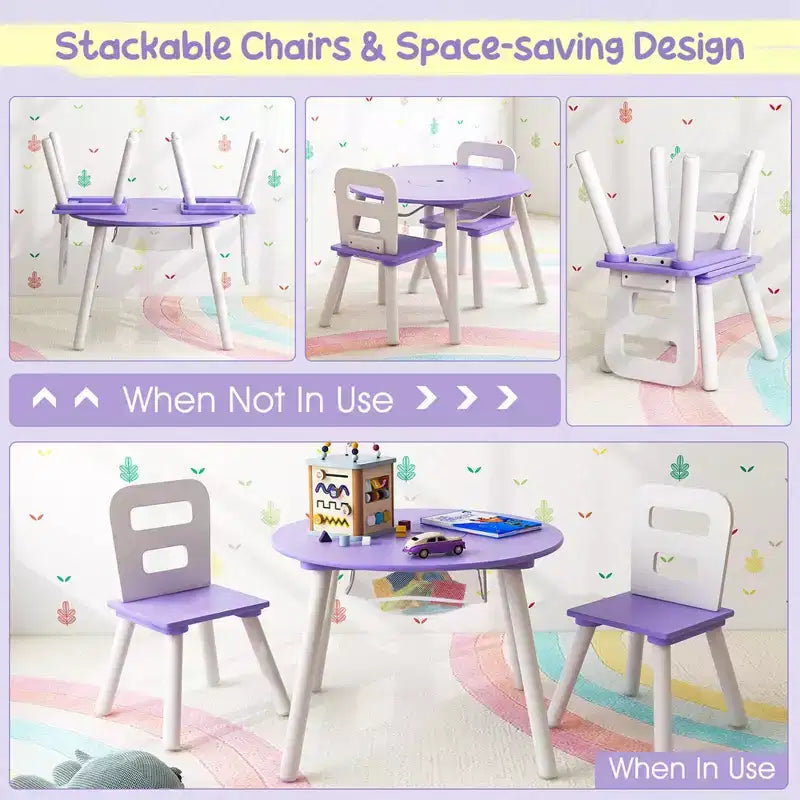 Costway Table Ronde en Bois pour Enfants et 2 Chaises avec Rangement Central en Filet Blanc/Bleu/Bleu Foncé/Rose/Violet