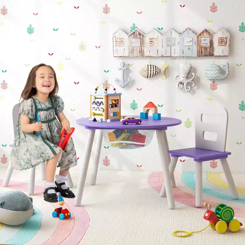 Costway Table Ronde en Bois pour Enfants et 2 Chaises avec Rangement Central en Filet Blanc/Bleu/Bleu Foncé/Rose/Violet