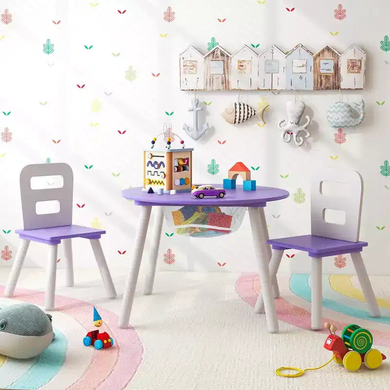 Costway Table Ronde en Bois pour Enfants et 2 Chaises avec Rangement Central en Filet Blanc/Bleu/Bleu Foncé/Rose/Violet