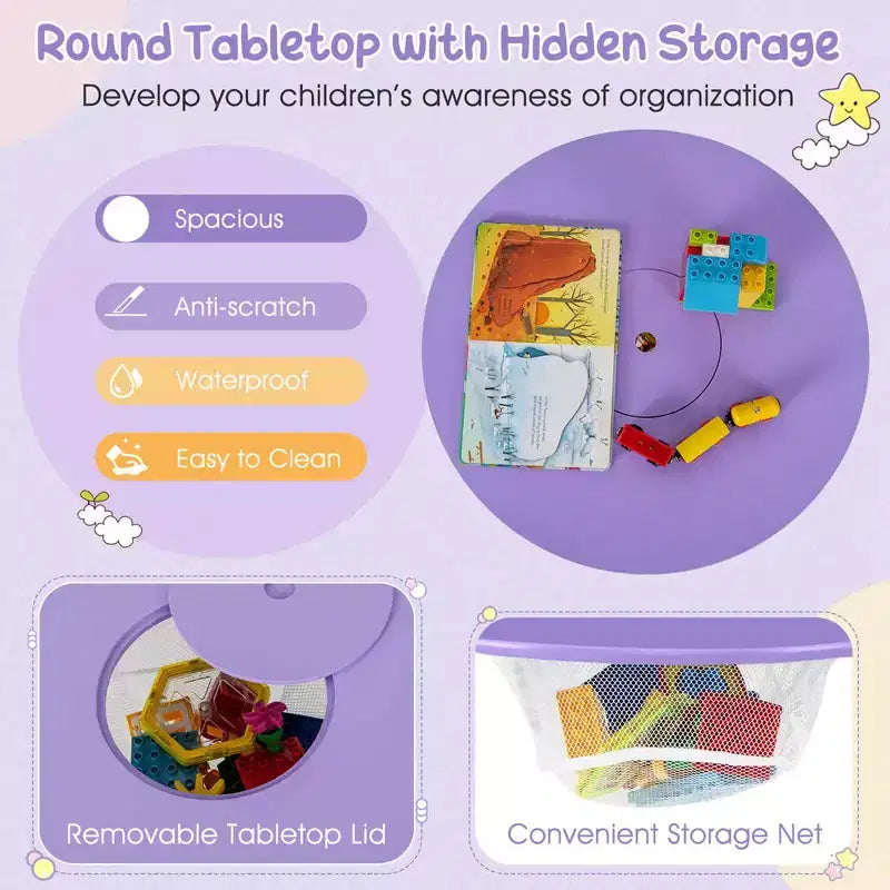 Costway Table Ronde en Bois pour Enfants et 2 Chaises avec Rangement Central en Filet Blanc/Bleu/Bleu Foncé/Rose/Violet