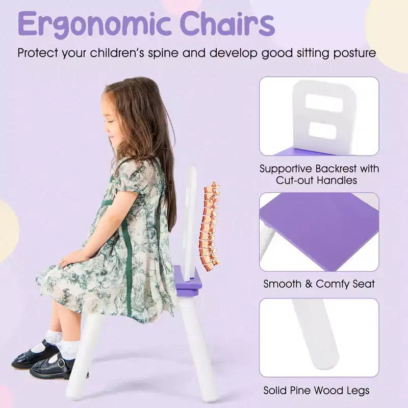 Costway Table Ronde en Bois pour Enfants et 2 Chaises avec Rangement Central en Filet Blanc/Bleu/Bleu Foncé/Rose/Violet
