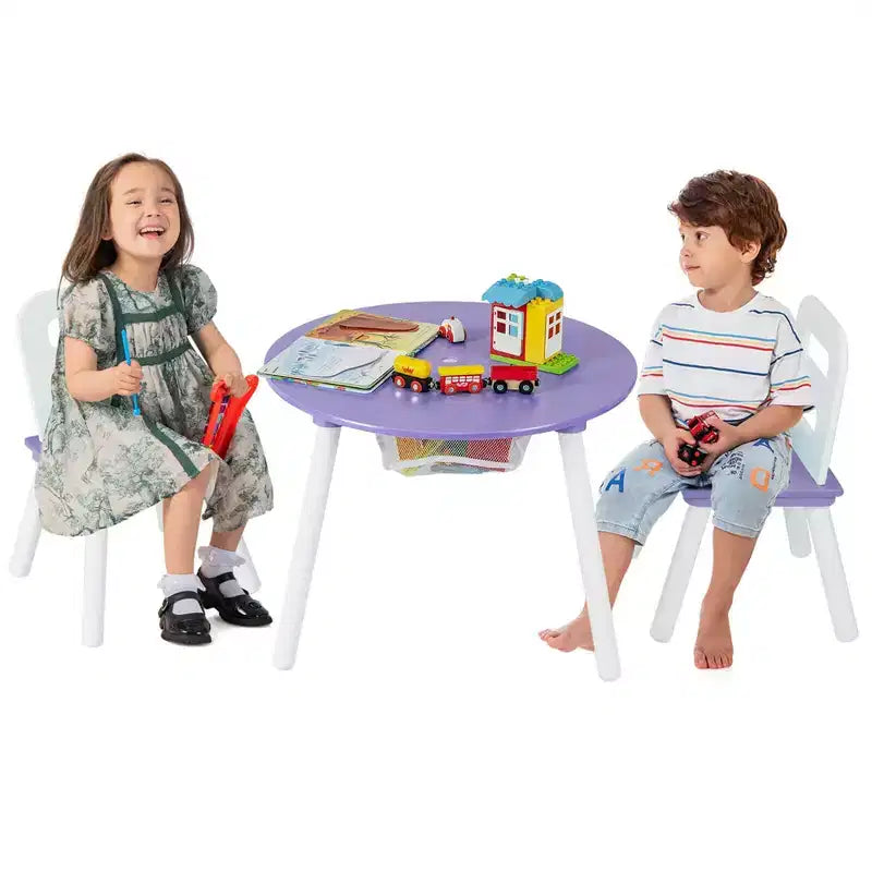 Costway Table Ronde en Bois pour Enfants et 2 Chaises avec Rangement Central en Filet Blanc/Bleu/Bleu Foncé/Rose/Violet