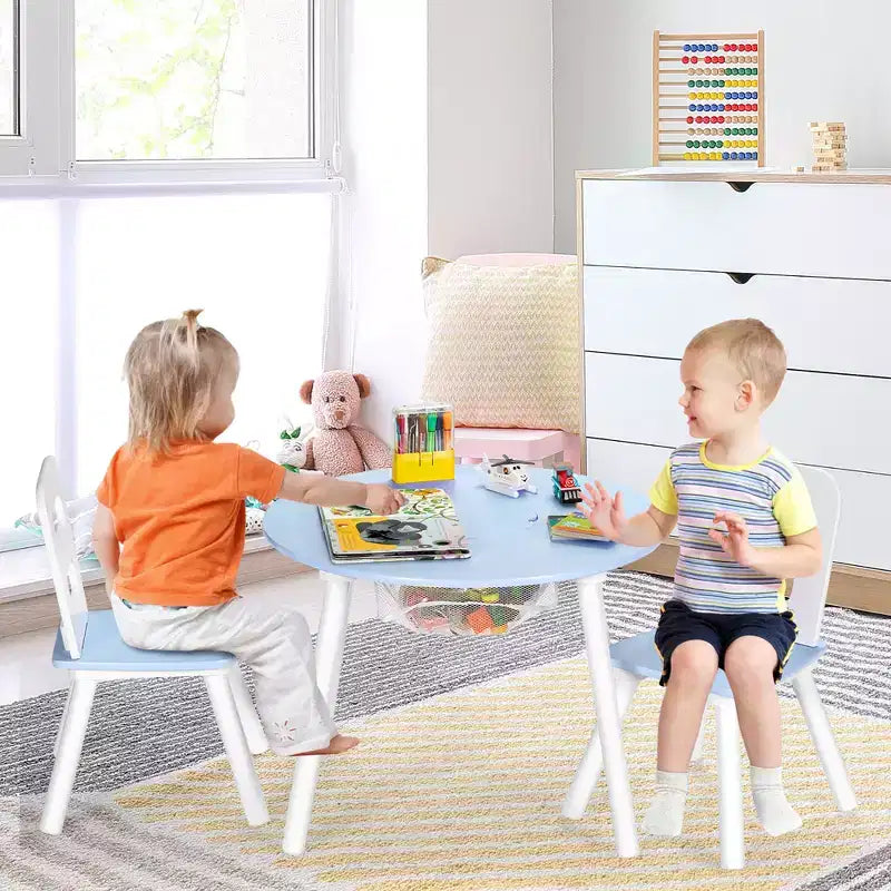 Costway Table Ronde en Bois pour Enfants et 2 Chaises avec Rangement Central en Filet Blanc/Bleu/Bleu Foncé/Rose/Violet