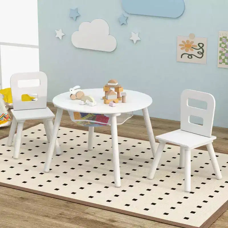 Costway Table Ronde en Bois pour Enfants et 2 Chaises avec Rangement Central en Filet Blanc/Bleu/Bleu Foncé/Rose/Violet