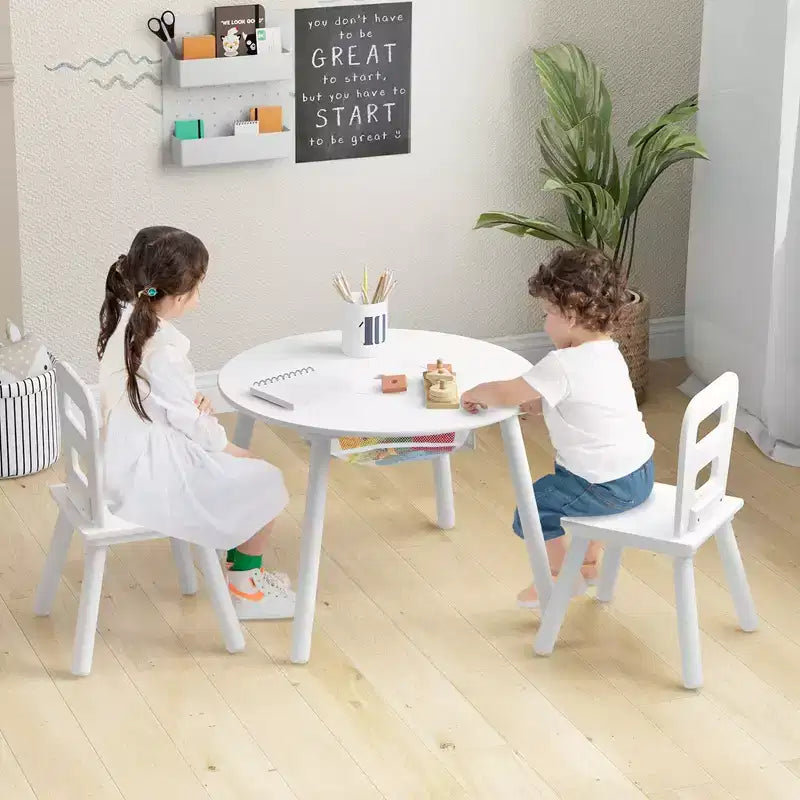 Costway Table Ronde en Bois pour Enfants et 2 Chaises avec Rangement Central en Filet Blanc/Bleu/Bleu Foncé/Rose/Violet
