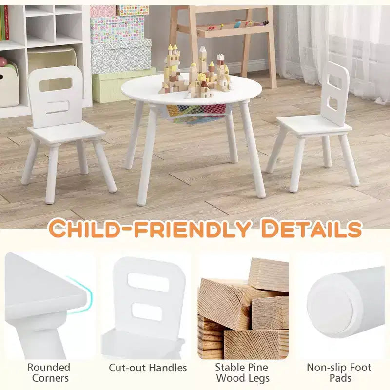 Costway Table Ronde en Bois pour Enfants et 2 Chaises avec Rangement Central en Filet Blanc/Bleu/Bleu Foncé/Rose/Violet