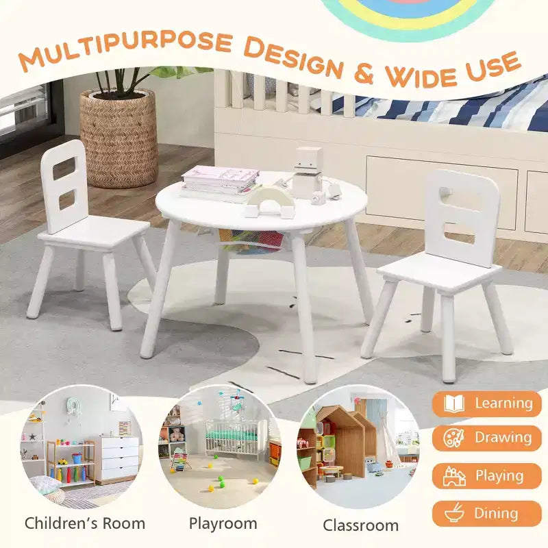 Costway Table Ronde en Bois pour Enfants et 2 Chaises avec Rangement Central en Filet Blanc/Bleu/Bleu Foncé/Rose/Violet