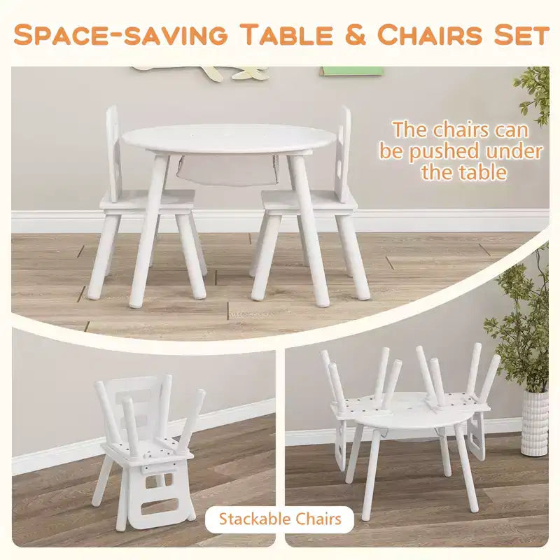 Costway Table Ronde en Bois pour Enfants et 2 Chaises avec Rangement Central en Filet Blanc/Bleu/Bleu Foncé/Rose/Violet