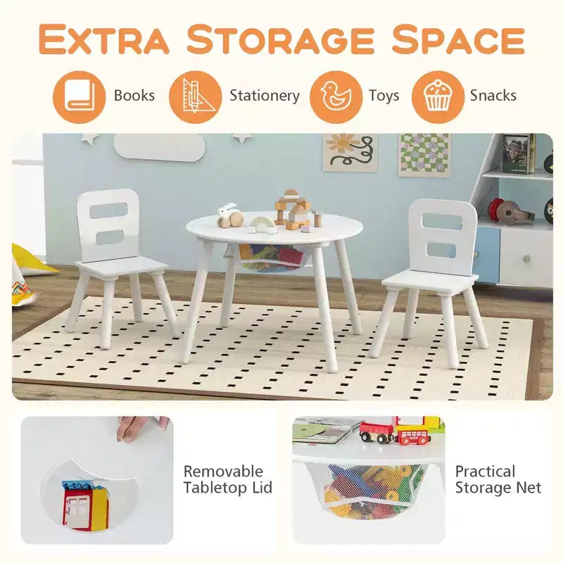 Costway Table Ronde en Bois pour Enfants et 2 Chaises avec Rangement Central en Filet Blanc/Bleu/Bleu Foncé/Rose/Violet
