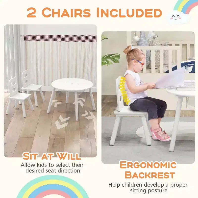 Costway Table Ronde en Bois pour Enfants et 2 Chaises avec Rangement Central en Filet Blanc/Bleu/Bleu Foncé/Rose/Violet