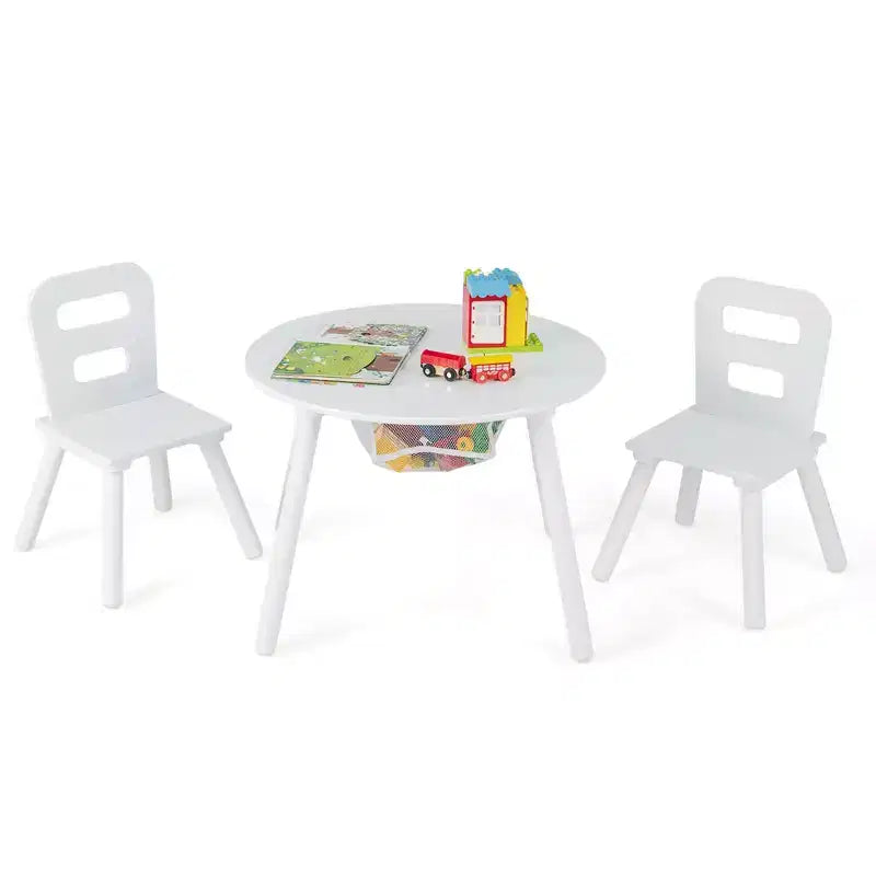 Costway Table Ronde en Bois pour Enfants et 2 Chaises avec Rangement Central en Filet Blanc/Bleu/Bleu Foncé/Rose/Violet