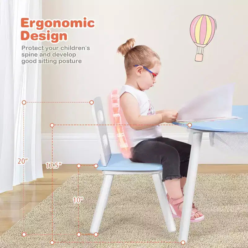 Costway Table Ronde en Bois pour Enfants et 2 Chaises avec Rangement Central en Filet Blanc/Bleu/Bleu Foncé/Rose/Violet