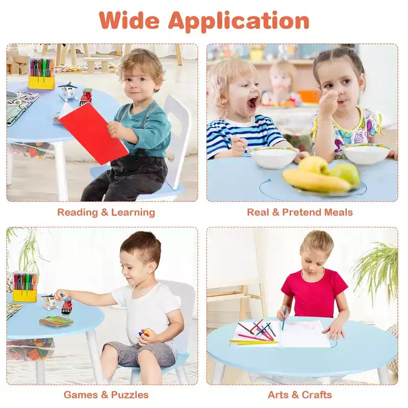 Costway Table Ronde en Bois pour Enfants et 2 Chaises avec Rangement Central en Filet Blanc/Bleu/Bleu Foncé/Rose/Violet