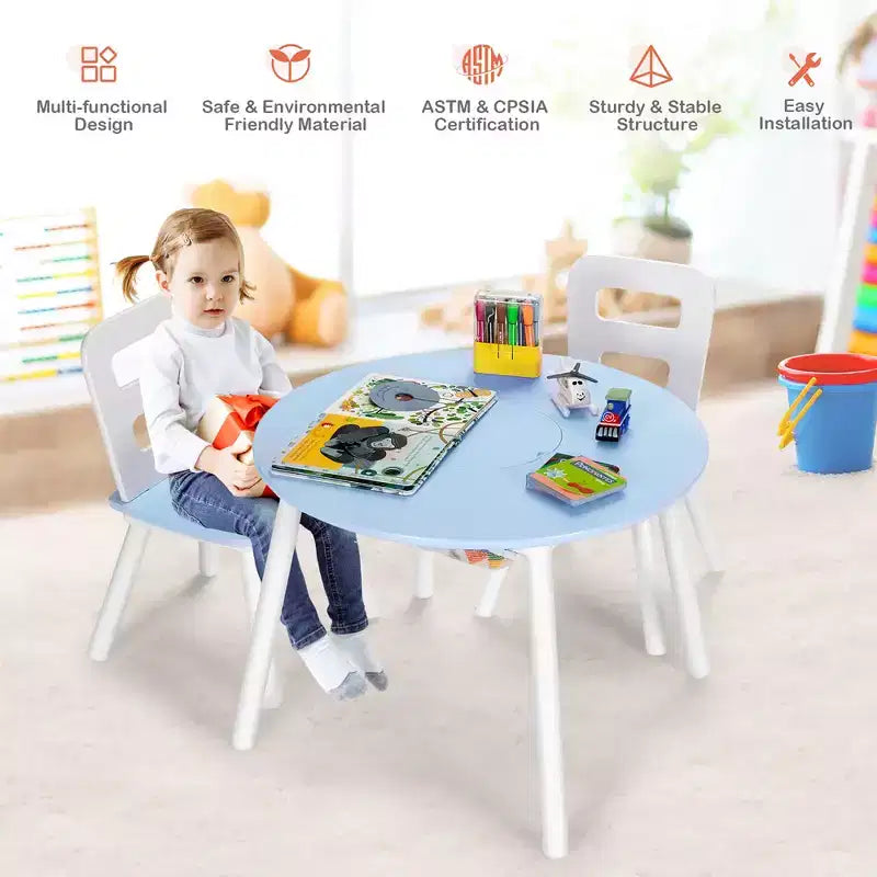 Costway Table Ronde en Bois pour Enfants et 2 Chaises avec Rangement Central en Filet Blanc/Bleu/Bleu Foncé/Rose/Violet