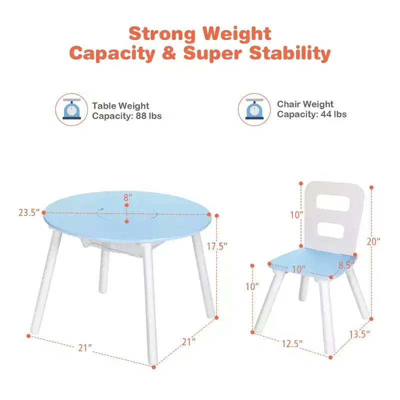 Costway Table Ronde en Bois pour Enfants et 2 Chaises avec Rangement Central en Filet Blanc/Bleu/Bleu Foncé/Rose/Violet