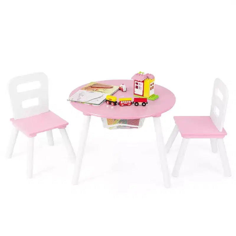 Costway Table Ronde en Bois pour Enfants et 2 Chaises avec Rangement Central en Filet Blanc/Bleu/Bleu Foncé/Rose/Violet