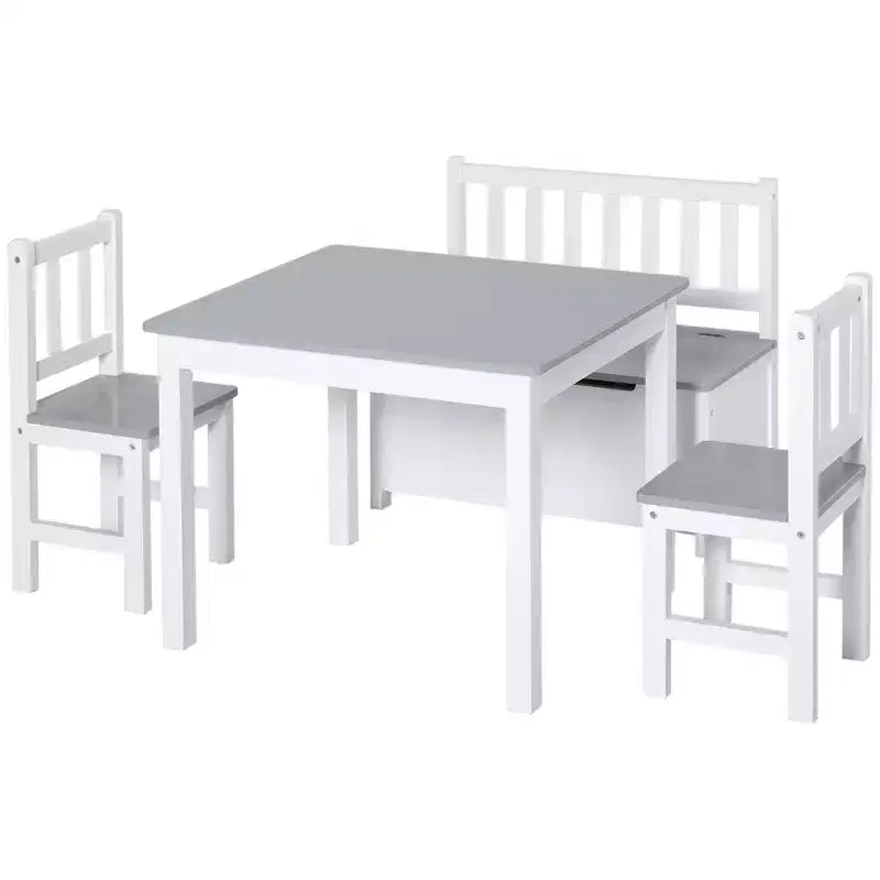 Qaba 4-Piece Kids Table Set with 2 Wooden Chairs, 1 Storage Bench, and Interesting Modern Design