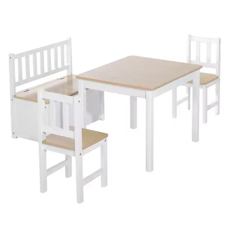 Ensemble de table pour enfants Qaba 4 pièces avec 2 chaises en bois, 1 banc de rangement et un design moderne intéressant