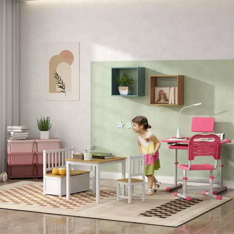 Ensemble de table pour enfants Qaba 4 pièces avec 2 chaises en bois, 1 banc de rangement et un design moderne intéressant