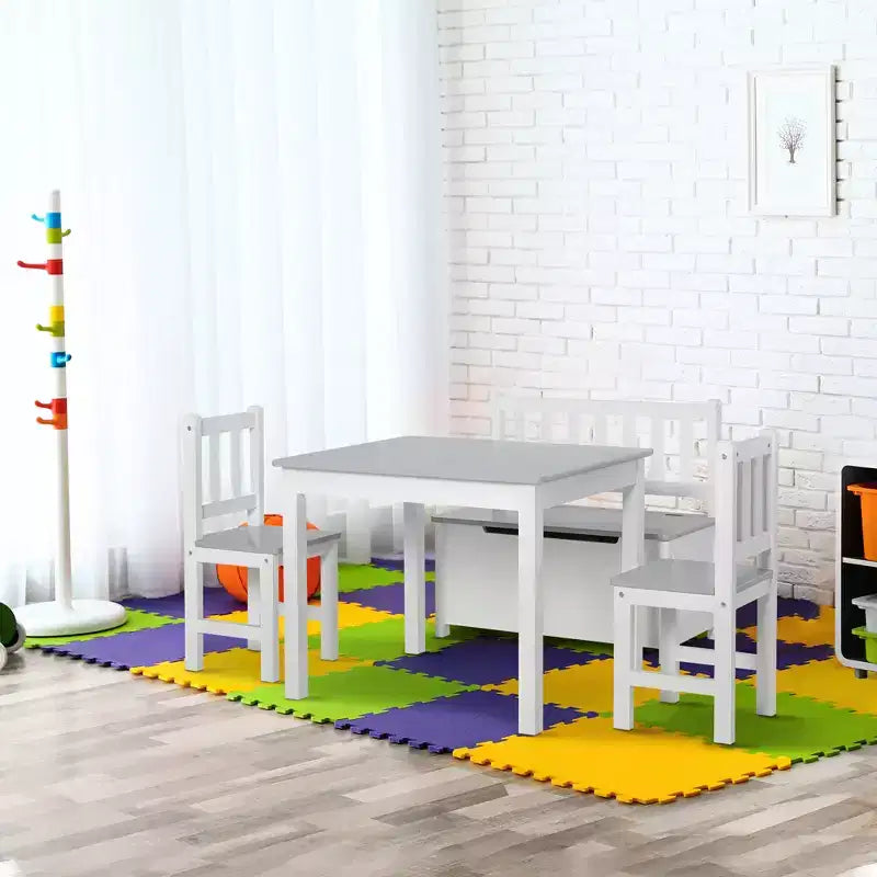 Ensemble de table pour enfants Qaba 4 pièces avec 2 chaises en bois, 1 banc de rangement et un design moderne intéressant