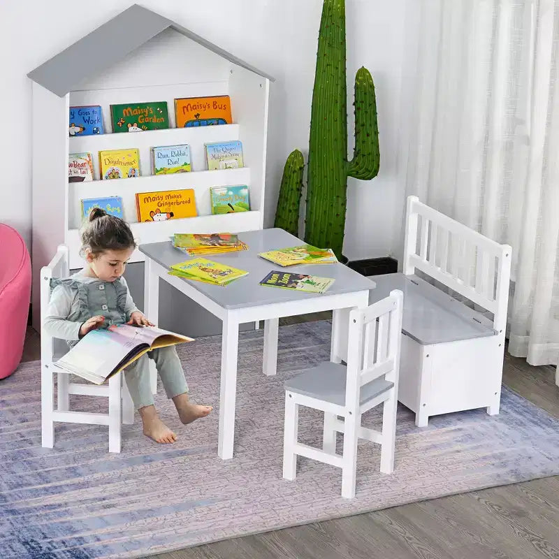 Ensemble de table pour enfants Qaba 4 pièces avec 2 chaises en bois, 1 banc de rangement et un design moderne intéressant