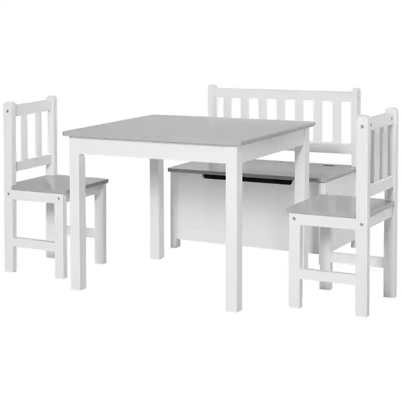 Ensemble de table pour enfants Qaba 4 pièces avec 2 chaises en bois, 1 banc de rangement et un design moderne intéressant