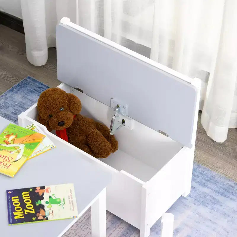 Ensemble de table pour enfants Qaba 4 pièces avec 2 chaises en bois, 1 banc de rangement et un design moderne intéressant