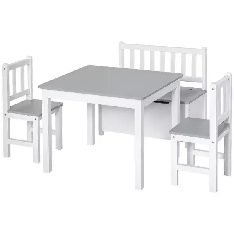 Ensemble de table pour enfants Qaba 4 pièces avec 2 chaises en bois, 1 banc de rangement et un design moderne intéressant