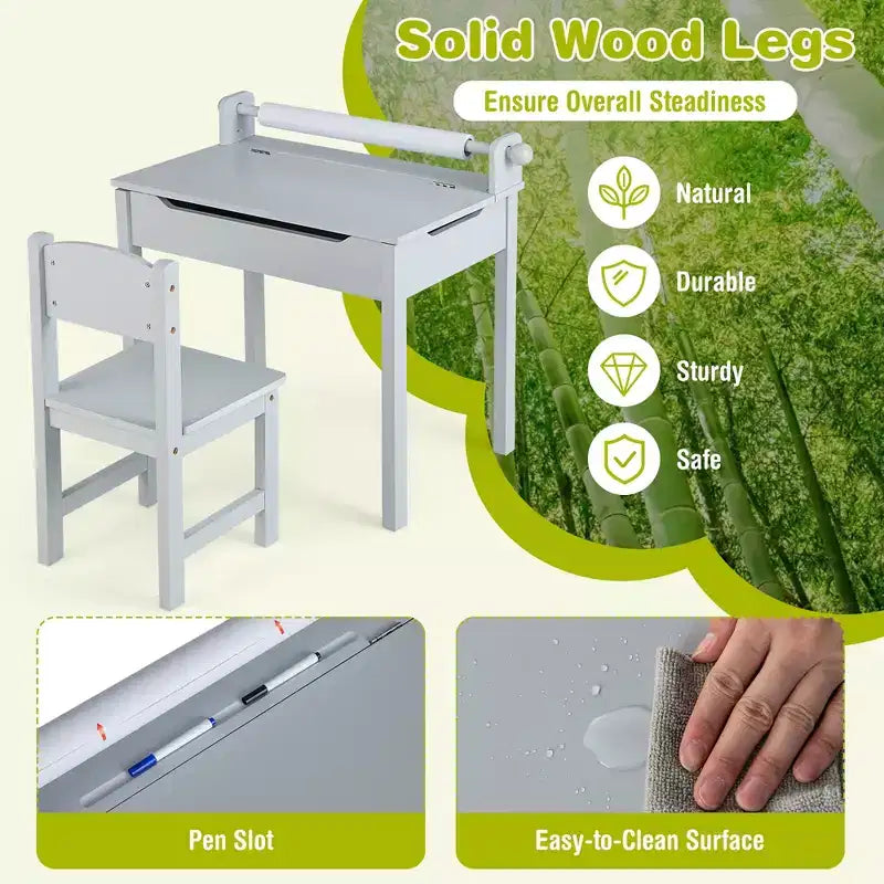 Table et chaises pour enfants Costway avec porte-rouleau de papier gris/blanc
