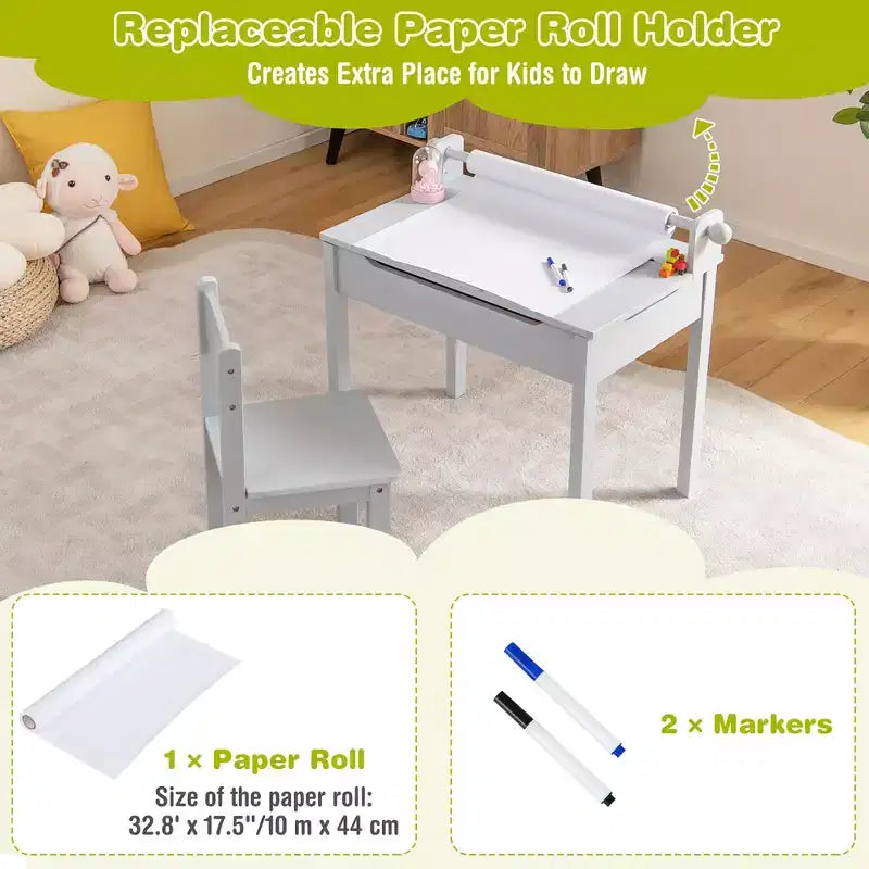 Table et chaises pour enfants Costway avec porte-rouleau de papier gris/blanc