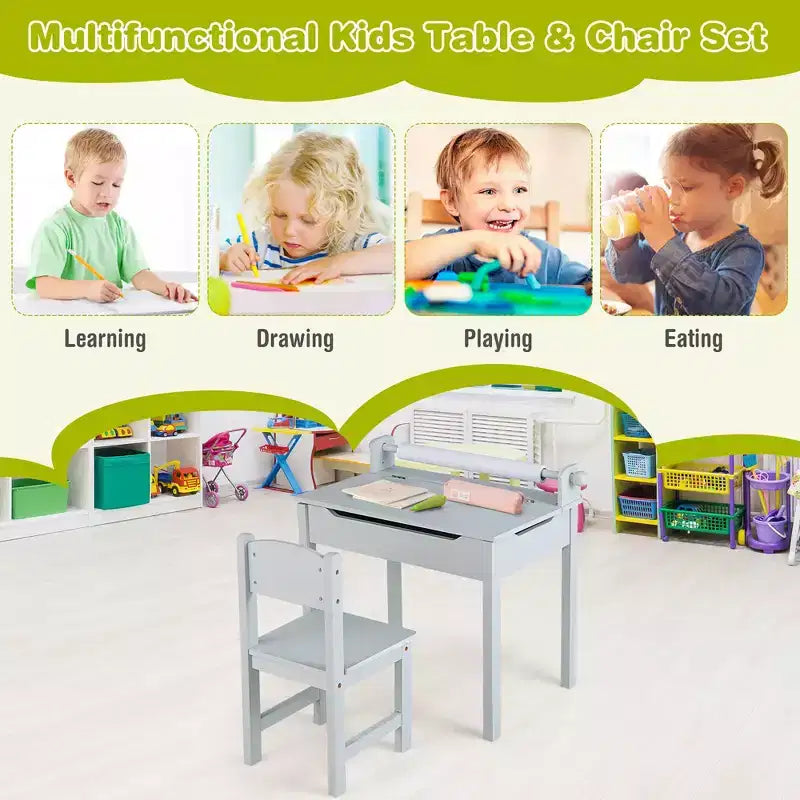 Table et chaises pour enfants Costway avec porte-rouleau de papier gris/blanc
