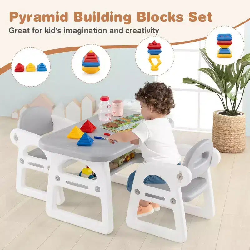 Ensemble table et chaises 3 pièces pour enfants Costway, bureau d'activités pour tout-petits avec blocs de construction