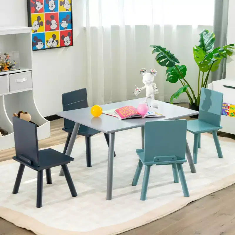 Table d'activités et 4 chaises Costway 5 pièces en bois pour enfants avec blocs de construction
