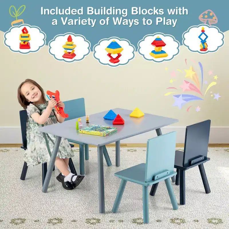Table d'activités et 4 chaises Costway 5 pièces en bois pour enfants avec blocs de construction