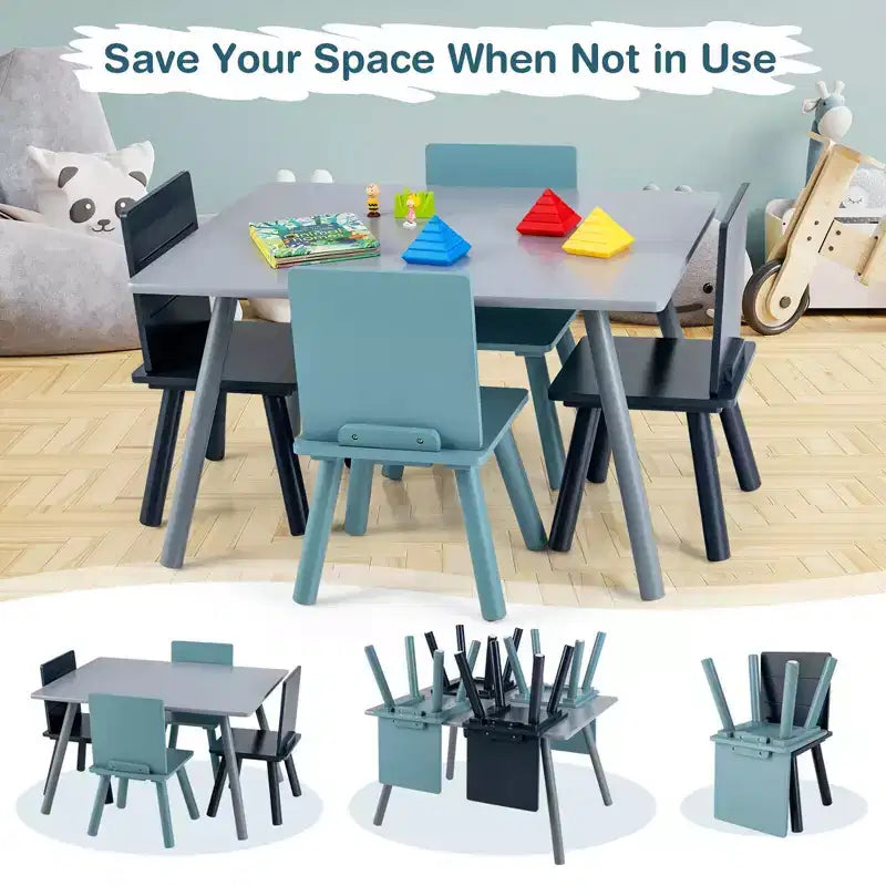 Table d'activités et 4 chaises Costway 5 pièces en bois pour enfants avec blocs de construction