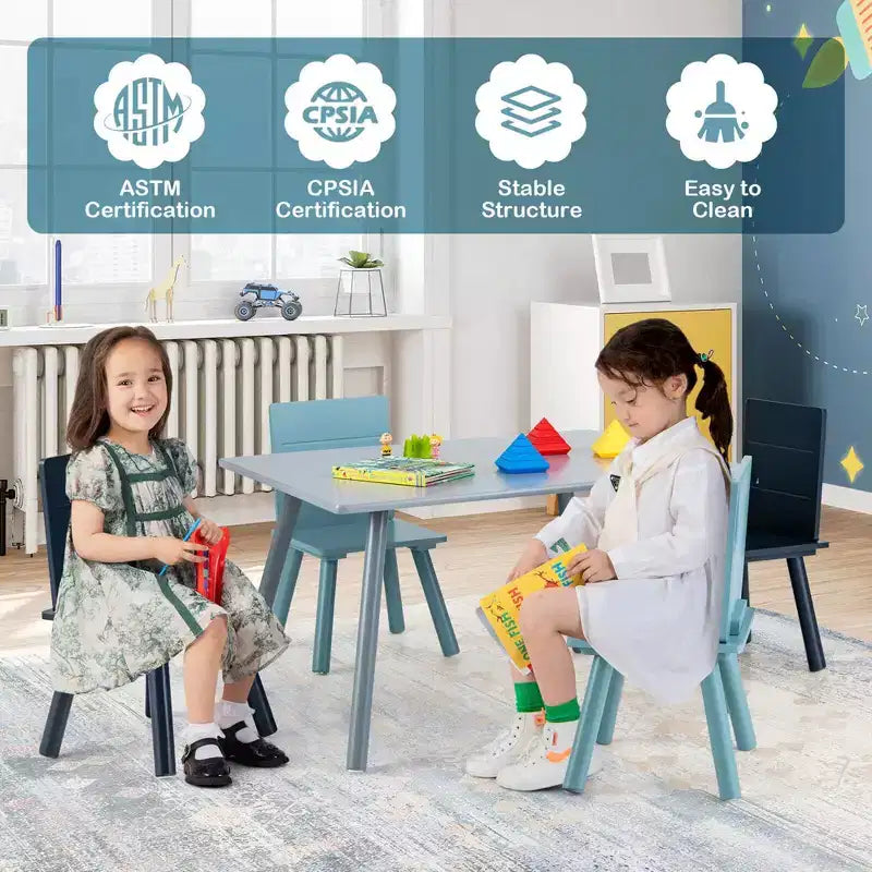 Table d'activités et 4 chaises Costway 5 pièces en bois pour enfants avec blocs de construction