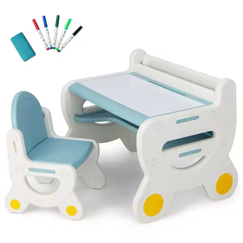 Table et chaise de dessin pour enfants Costway pour la lecture et les jeux avec stylos et tableau noir effaceur bleu/marron