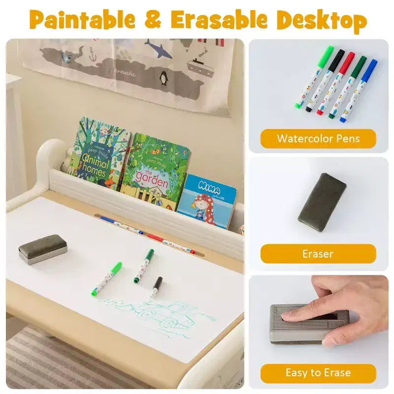 Table et chaise de dessin pour enfants Costway pour la lecture et les jeux avec stylos et tableau noir effaceur bleu/marron