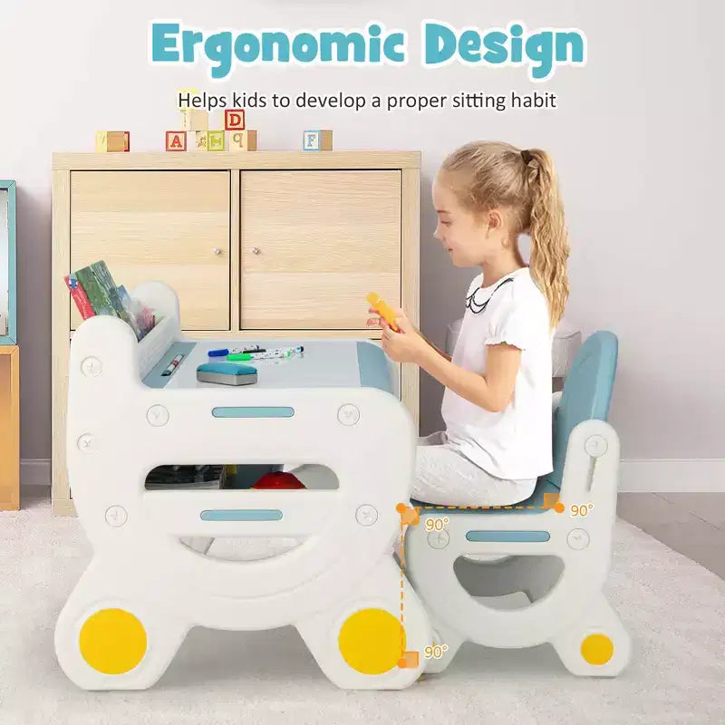 Table et chaise de dessin pour enfants Costway pour la lecture et les jeux avec stylos et tableau noir effaceur bleu/marron