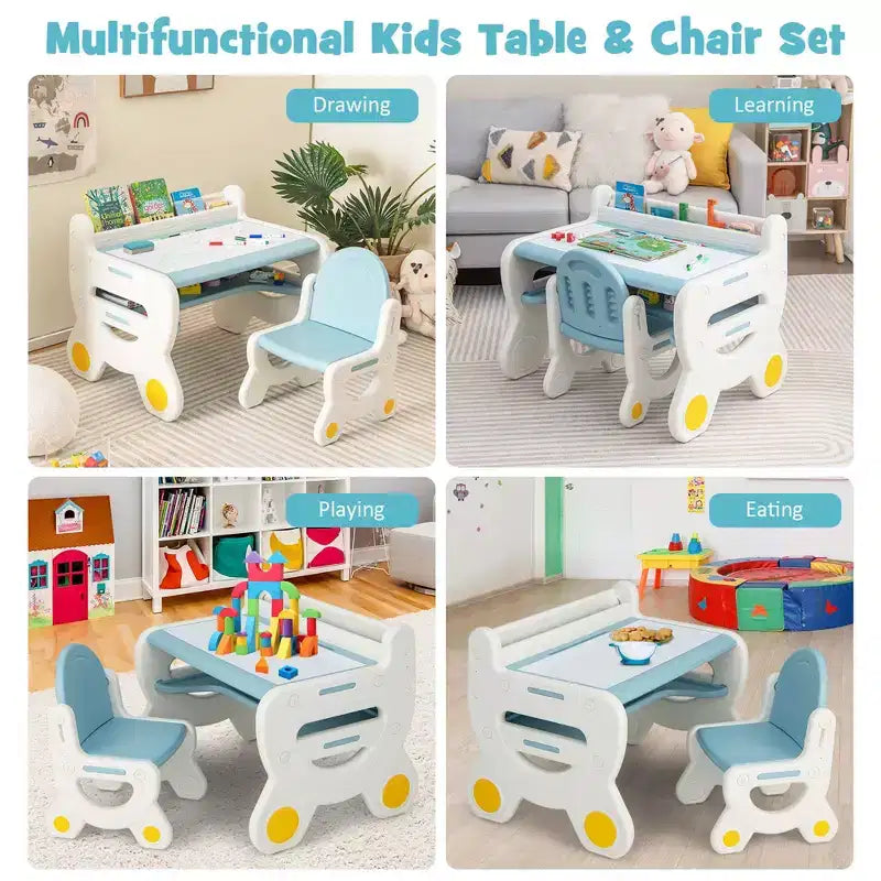 Table et chaise de dessin pour enfants Costway pour la lecture et les jeux avec stylos et tableau noir effaceur bleu/marron