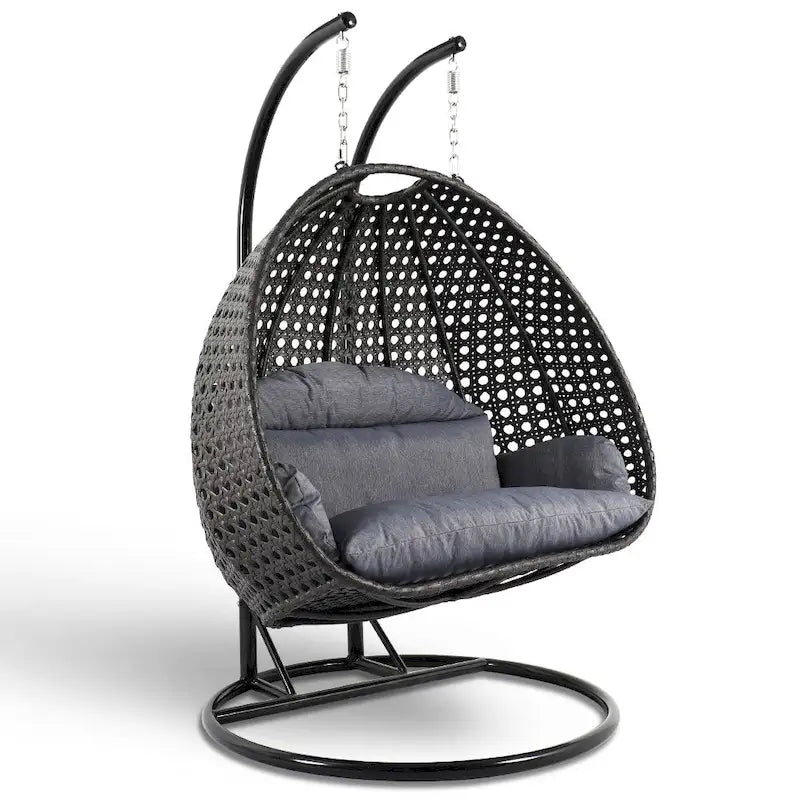 Fauteuil Suspendu Ovoïde avec Support Métallique, Cadre en Osier et Coussin – Beige / Bleu Anthracite / Blanc / Bleu / Blanc Antique / Marron / Toile, 2 Places