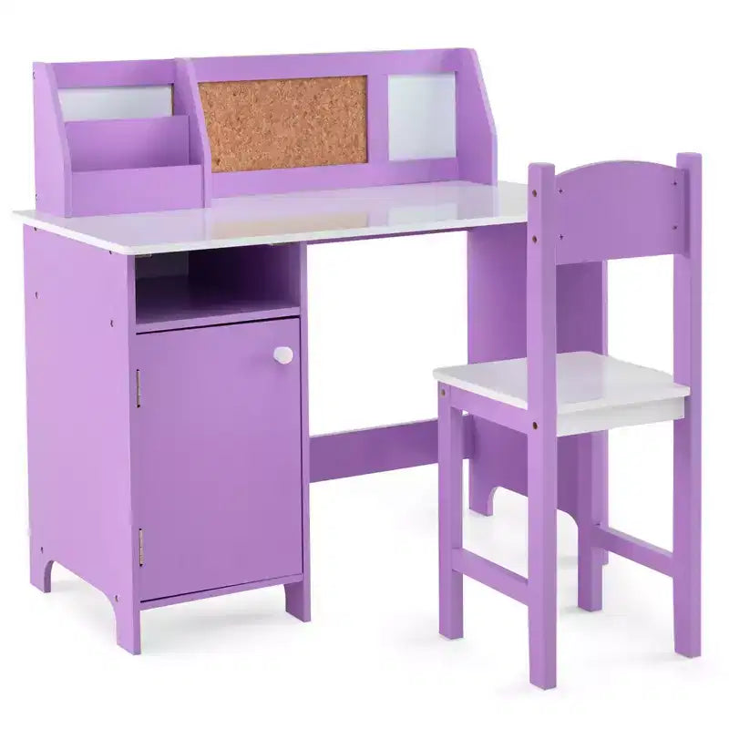Bureau d'étude pour enfants Costway avec chaise, tableau blanc, marqueur, étagère, armoire de rangement violet/blanc