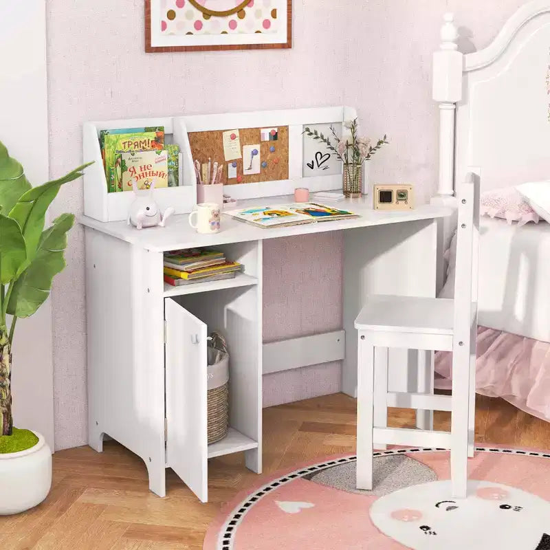Bureau d'étude pour enfants Costway avec chaise, tableau blanc, marqueur, étagère, armoire de rangement violet/blanc