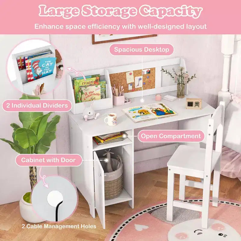 Bureau d'étude pour enfants Costway avec chaise, tableau blanc, marqueur, étagère, armoire de rangement violet/blanc