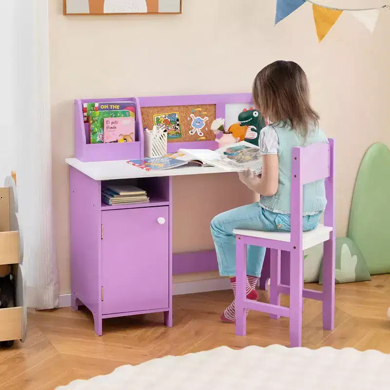 Bureau d'étude pour enfants Costway avec chaise, tableau blanc, marqueur, étagère, armoire de rangement violet/blanc