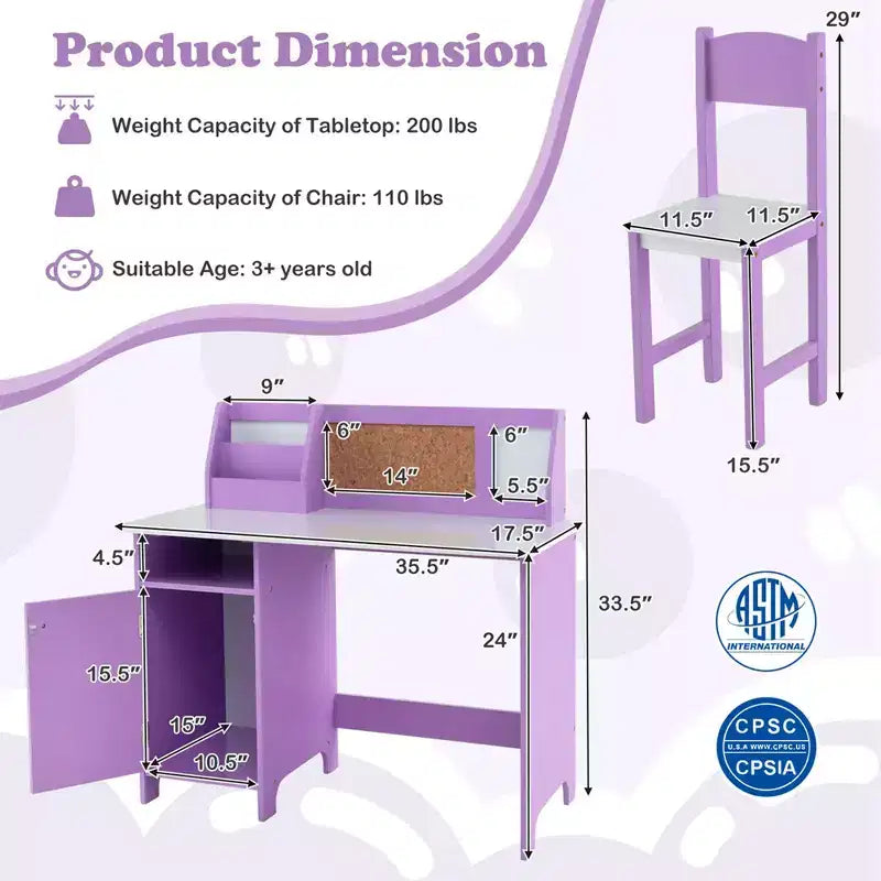 Bureau d'étude pour enfants Costway avec chaise, tableau blanc, marqueur, étagère, armoire de rangement violet/blanc